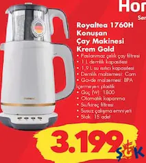 HOMEND ROYALTEA 1760H KONUŞAN ÇAY MAKİNESİ KREM GOLD fiyat ve kampanya bilgisi